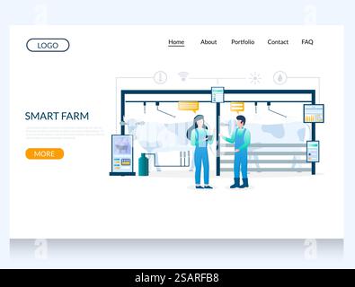 Smart farm vector website template, web page and landing page design for website and mobile site development. Automated cattle farm, iot smart farming technology.. Smart farm vector website landing page design template Stock Vector