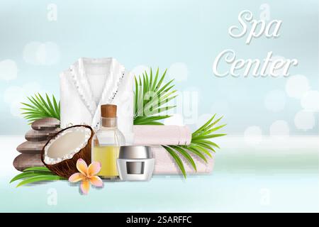 Spa vector poster design template. Spa center composition with realistic natural coconut oil and cosmetics, stones, bathrobe, towels and copy space.. Spa salon services vector poster design template Stock Vector