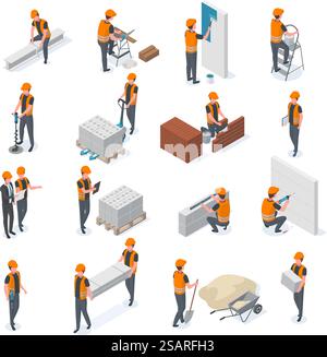 Isometric construction workers, builders and engineer characters. People lay bricks, paint walls and drill vector illustration set. Builders with construction equipment. Construction worker isometric. Isometric construction workers, builders and engineer characters. People lay bricks, paint walls and drill well vector illustration set. Builders with construction equipment Stock Vector