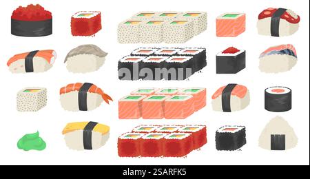 Sushi, sashimi and rolls set, flat vector isolated illustration. Different types of traditional japanese food made of rice, salmon, tuna slices. Sushi bar, asian cuisine restaurant menu.. Sushi, sashimi and rolls set, flat vector isolated illustration. Sushi bar, japanese cuisine restaurant menu. Stock Vector