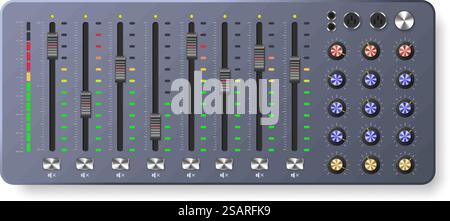 Audio mixer board. Multitrack mixing controller, sound level sliders panel with controllers and knobs vector illustration. Volume adjustment, professional equipment with audio regulators. Audio mixer board. Multitrack mixing controller, sound level sliders panel with controllers and knobs vector illustration Stock Vector
