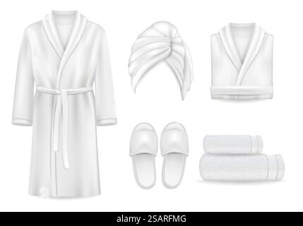 Spa apparel clothing mock up set, vector illustration isolated on white background. Realistic hand drawn terry fluffy towel, slippers, luxurious bathrobe for spa baths.. Spa clothing mock up set, vector illustration Stock Vector