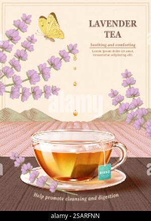 Engraved soothing Lavender tea ad Stock Vector