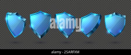 Glass shields. Invisible protection, transparent guard shield and crystal clear security or privacy award realistic 3D vector set. Glossy blue frames with protective covering, safety concept. Glass shields. Invisible protection, transparent guard shield and crystal clear security or privacy award realistic 3D vector set Stock Vector