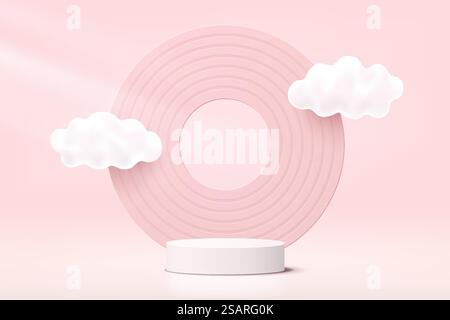 Abstract realistic White 3D cylinder pedestal podium with cloud flying and circle backdrop. Pastel pink minimal wall scene for product display presentation. Vector geometric rendering platform design. Stock Vector