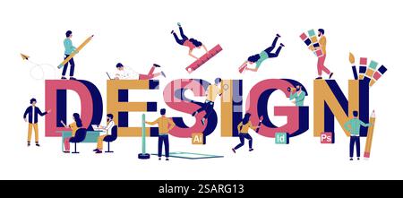 Design typography vector banner template. Busy tiny characters graphic designers, illustrators creating their work using paintbrush, pencil, ruler, color swatches etc. Graphic design studio services.. Graphic design typography banner template, vector flat illustration Stock Vector