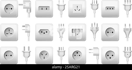 Wall socket and plug types. Electrical power point, white outlet and connectors from around the world realistic 3D vector illustration set. Household appliances or equipment isolated on white. Wall socket and plug types. Electrical power point, white outlet and connectors from around the world realistic 3D vector illustration set Stock Vector