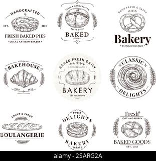 Bakery emblem. Local bakehouse artisan label with hand drawn fresh baked bread, sweet delights and baked good vector template set. Tasty baguette, croissant, pie and donut isolated badges. Bakery emblem. Local bakehouse artisan label with hand drawn fresh baked bread, sweet delights and baked good vector template set Stock Vector