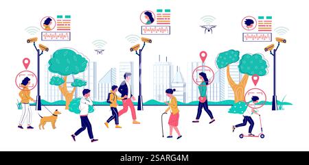 State surveillance, vector flat illustration. People walking along the street with installed cctv cameras. Video surveillance, public security, facial recognition cctv technology.. State surveillance, vector flat style design illustration Stock Vector