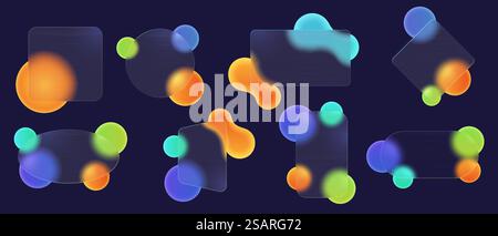 Frosted glass frames. Futuristic glassmorphism app window frame, transparent acrylic block with abstract gradient shapes. Banner background template vector set. Geometric shapes with dynamic blobs. Frosted glass frames. Futuristic glassmorphism app window frame, transparent acrylic block with abstract gradient shapes. Banner background template vector set Stock Vector