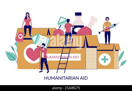 Humanitarian aid, vector flat illustration. Tiny male and female characters distributing food, medical supplies to people in need from huge cardboard boxes. Volunteering, donation, humanitarian relief. Humanitarian aid, vector flat style design illustration Stock Vector