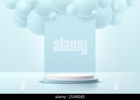 Realistic white and blue 3D cylinder pedestal podium with bubbles or blue sphere balls flying and vertical pattern background. Minimal scene for product display. Vector rendering geometric platform. Stock Vector