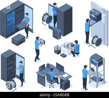 Isometric engineers characters serve data network equipment. Computer network technology repair workers vector illustration set. Hosting servers equipment maintaining. Technology data center concept. Isometric engineers characters serve data center network equipment. Computer network technology repair workers vector illustration set. Hosting servers equipment maintaining Stock Vector