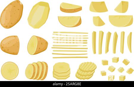 Cartoon sliced potatoes, chopped straws raw potato. Peeled potato vegetable, sliced foods vector illustration set. Ready to cook potato vegetable. Potato cut vegetarian, vegetable food sliced. Cartoon sliced potatoes, chopped wedges and straws raw potato. Peeled potato root vegetable, sliced raw foods vector illustration set. Ready to cook potato vegetable Stock Vector