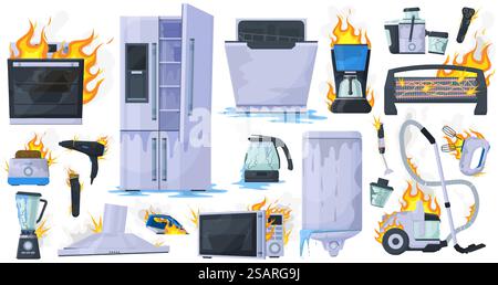 Broken, damaged household appliance, burnt refrigerator, toaster and washing machine. Damaged household electronic gadgets vector illustration set. Broken home appliances. Crushed home equipment. Broken, damaged household appliance, burnt refrigerator, toaster and washing machine. Damaged household electronic gadgets vector illustration set. Broken home appliances Stock Vector