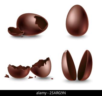 Broken eggshell, two halves and whole chocolate eggs sweet easter dessert made of dark cocoa set isolated on white background. Paschal confectionery vector illustration. Broken eggshell, two halves and whole chocolate eggs Stock Vector