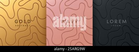 Set of gold, rose gold and black wavy lines abstract design. Collection of luxury wavy pattern background with copy space. Design for cover template, poster, banner, print ad. Vector illustration Stock Vector