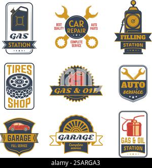 Vintage car gasoline station badges, retro fuel labels. Automobiles gas station, garage and auto repair service stickers vector illustration set. Petrol retro signs. Fill and refueling car. Vintage car gasoline station badges, retro fuel labels. Automobiles gas station, garage and auto repair service stickers vector illustration set. Petrol retro signs Stock Vector