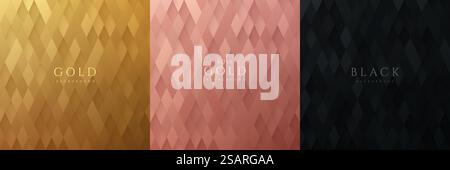 Set of golden, rose gold and black abstract rhombus shape pattern, Luxury 3D geometric pattern background. Can use for cover, artwork, print ad, poster, web banner. Simple and minimal. Vector EPS10. Stock Vector