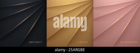 Set of elegant black, gold, pink gold metallic glossy background, Overlapping layer with shadow with gold line luxury style. You can use for template brochure, poster, banner web. Vector illustration Stock Vector