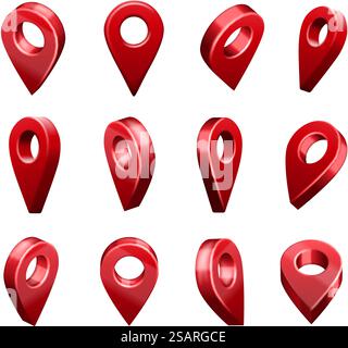 Location map pin pointer icons. Geo locator system sign, travel map pins and red navigational markers in different 3D angles isolated vector set of navigation pin, pointer route icon illustration. Location map pin pointer icons. Geo locator system sign, travel map pins and red navigational markers in different 3D angles isolated vector set Stock Vector