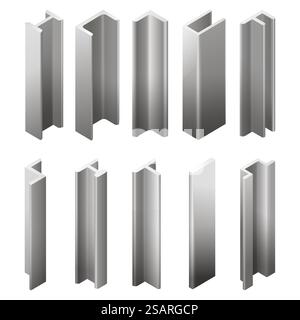 Iron profile mockup, metal beam construction set isolated on white background. Metallurgy and building industry materials variety of shape and form for reinforcement vector illustration. Iron profile mockup, metal beam construction isolated set Stock Vector
