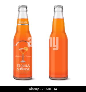 Set of cocktail glass bottles isolated on white background. One bottle mock-up with label and the other without. 3d illustration.. Set of cocktail glass bottles Stock Vector