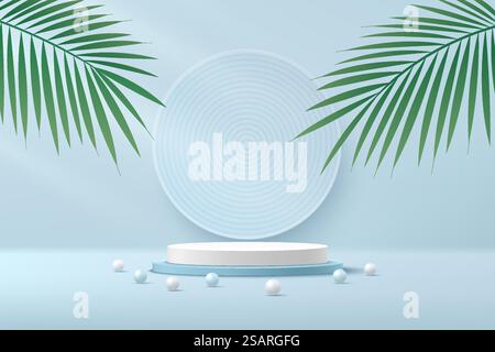Abstract white cylinder pedestal podium. Light blue empty room with green palm leaf. blue and white sphere. Vector rendering 3d shape, Product display presentation. Pastel color minimal wall scene. Stock Vector