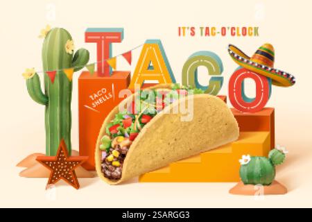 3d Mexico desert theme taco ad template. Word TACO and Mexican taco on a stair stage with cactus and sombrero hat decoration.. 3d Mexico desert theme taco ad Stock Vector