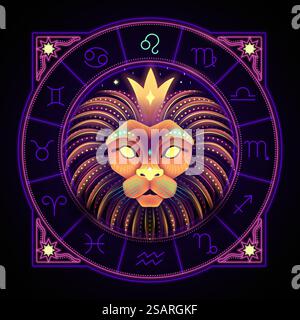 Leo zodiac sign represented by the lion head as the king of the celestial jungle. Neon horoscope symbol in circle with other astrology signs sets around.. Neon zodiac sign of Leo Stock Vector