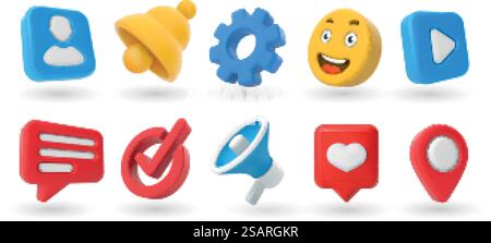 Marketing 3D icons. Location pin, check mark, yellow smile emoji and notification bell. Contacts and settings, megaphone and play video button vector set. Social media elements for online chatting. Marketing 3D icons. Location pin, check mark, yellow smile emoji and notification bell. Contacts and settings, megaphone and play video button vector set Stock Vector