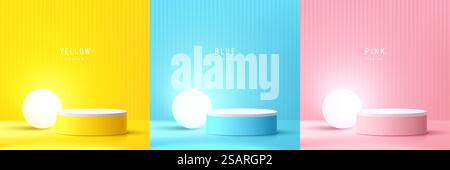 Set of yellow, blue, pink realistic 3d cylinder pedestal podium with glowing light neon sphere balls. Abstract vector rendering geometric forms. Pastel minimal scene. Stage showcase, Product display. Stock Vector