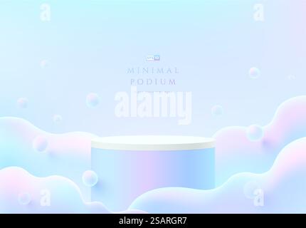 Abstract 3D room with realistic pink, blue hologram color cylinder stand podium. Pastel cloud or bubbles flying. Minimal scene for mockup product display. Vector geometric forms. Round stage showcase. Stock Vector