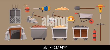 Cartoon mining elements. Mine cave entrance, mining elevator and tools. Wagons with gold and coal vector illustration set. Protective helmet, digger and dynamite for metal extraction. Cartoon mining elements. Mine cave entrance, mining elevator and tools. Wagons with gold and coal vector illustration set Stock Vector