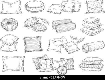 Cushion sketch drawing. Hand drawn bedroom pillows, doodle cozy home textile sleeping accessories vector illustration set of comfortable elements for bed. Cushion sketch drawing. Hand drawn bedroom pillows, doodle cozy home textile sleeping accessories vector illustration set Stock Vector