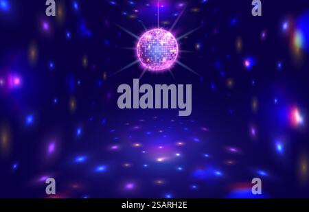 Disco ball rays. Dance floor room with mirror ball reflections, night club stage lights and party vector background illustration. Glowing reflecting ball for entertainment, sparkling effect. Disco ball rays. Dance floor room with mirror ball reflections, night club stage lights and party vector background illustration Stock Vector