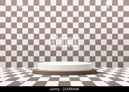 Abstract realistic 3D brown cylinder pedestal podium on perspective checkered pattern in empty room. Minimal scene for product display presentation. Studio room. Vector geometric rendering platform. Stock Vector