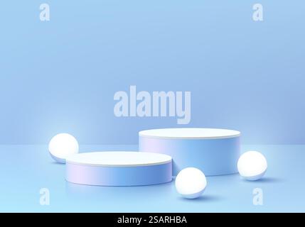 3D background with blue realistic cylinder pedestal podium, Glowing neon light sphere balls. Futuristic minimal wall scene mockup product display. Vector abstract geometric forms. Stage for showcase. Stock Vector