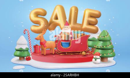 3d Christmas sale banner with Santa Claus sitting on a reindeer sleigh ride and holding gift box. Cute Xmas podium decorated with snow and Christmas trees.. 3D Christmas sale banner Stock Vector
