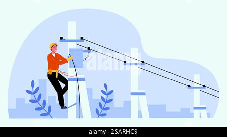 Electrician worker. Lineman climbing utility pole repairing high-voltage power lines, cable repairman fix transformer on electric post vector illustration. Character fixing electricity, handyman. Electrician worker. Lineman climbing utility pole repairing high-voltage power lines, cable repairman fix transformer on electric post vector illustration Stock Vector