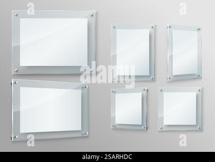 Realistic acrylic glass window with wide frame mockup isolated set. Transparent plastic rectangle signboard with copy space vector illustration. Realistic acrylic glass frame mockup isolated set Stock Vector