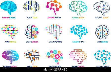 Brain emblem template. Smart assistant, ai and human brains, neural engine and creative mind vector icons set of brain creative logo, mind and brainstorm element illustration. Brain emblem template. Smart assistant, ai and human brains, neural engine and creative mind vector icons set Stock Vector