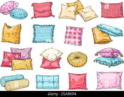 Hand drawn cozy cushions. Sketch bed pillows with textile patterns, doodle sleeping accessories vector illustration set of cushion cozy pillow for bed and bedroom. Hand drawn cozy cushions. Sketch bed pillows with textile patterns, doodle sleeping accessories vector illustration set Stock Vector