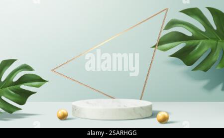 Product display podium decorated with pearls and leaves on aqua blue, 3d illustration . Attractive product display podium Stock Vector