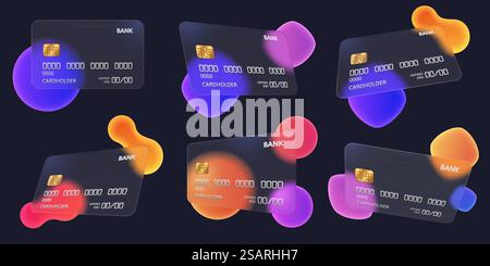Transparent bank card. Abstract glass credit card template with blurred gradient shapes vector mockup illustration set. Matte plastic card design in glassmorphism style for payments. Transparent bank card. Abstract glass credit card template with blurred gradient shapes vector mockup illustration set Stock Vector