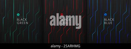Set of dynamic green, blue and red light on black metallic cyber geometric design in circuit  style. Modern technology futuristic dark background. Design for banner, cover, web, flyer. Vector EPS10 Stock Vector