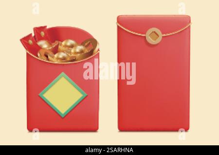 3d red envelopes filled with gold ingots and coins. CNY elements isolated on yellow background, suitable for wealthy Chinese new year decoration. 3d full CNY red envelopes Stock Vector