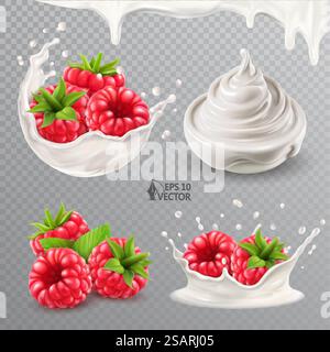 Realistic vector ripe raspberries in a milk or yogurt splash with drops. Bowl of fresh natural yogurt or cream. 3d isolated food illustration. Realistic vector ripe raspberries in a milk or yogurt splash with drops. Bowl of fresh natural yogurt or cream. 3d isolated food illustration set Stock Vector