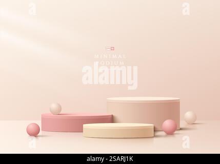 Abstract cream 3D room with set of realistic pink and beige cylinder pedestal podium. Minimal scene for product display presentation. Geometric forms design. Round stage for showcase. Vector EPS10 Stock Vector