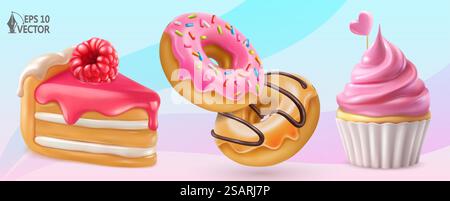 Vector set of 3D sweets icons. Raspberry pie, glazed donuts, flavored cupcake with whipped cream. Realistic food illustrations for packaging and advertising design. Vector icon set of sweet food. Raspberry pie, glazed donuts, flavored cupcake with whipped cream. Realistic 3D food illustrations for packaging and advertising design Stock Vector